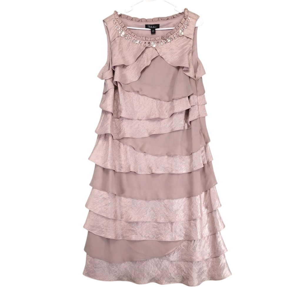 SL Fashions Dusty Rose Tiered Midi Dress‎ Sz 16W Beaded Chiffon Shimmer Fairy